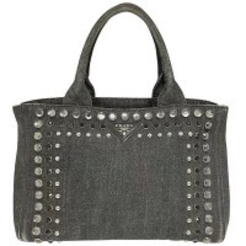 Prada Canapa Denim Bijou Nero Black Gray Black Rhinestone Stud Handbag RS